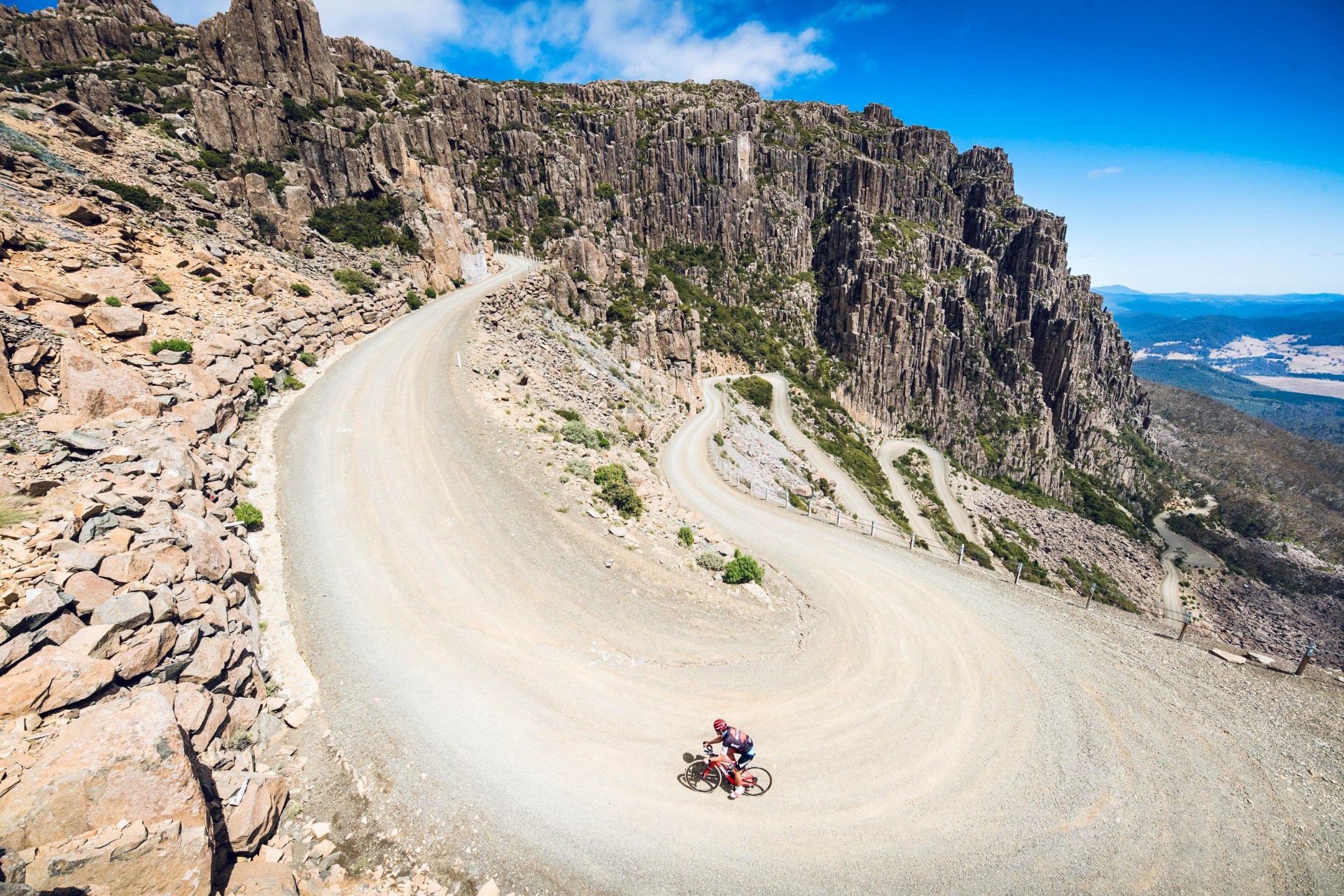 A rider on the switchbacks of Jacobs Ladder, Ben Lomond, Tasmania