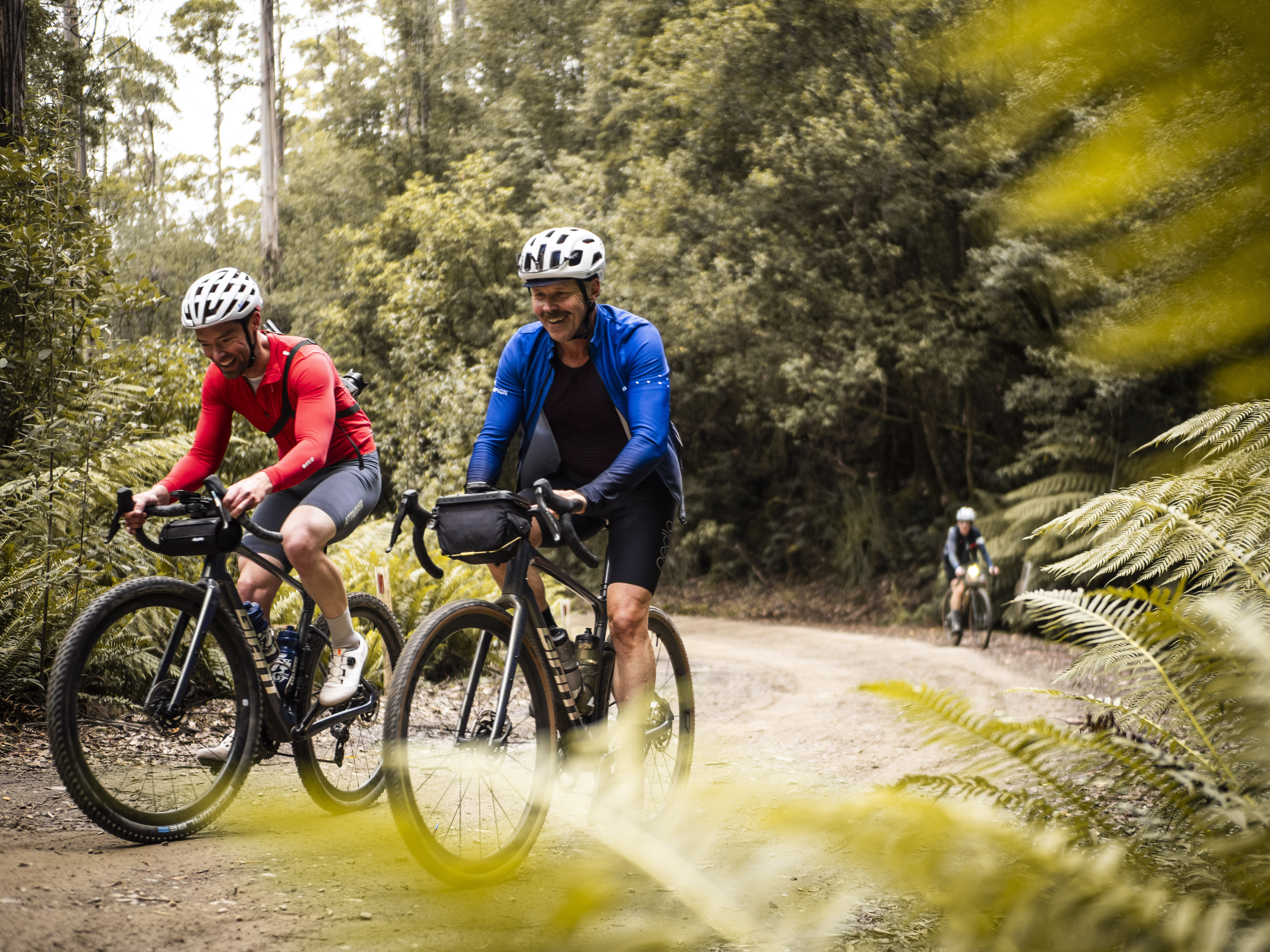 Two riders on forest gravel in Tasmania, a third following behind